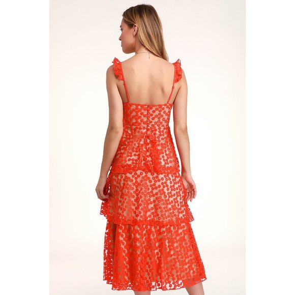 NWOT Lulus Embroidered Coral Floral Midi Dress - Picture 2 of 15